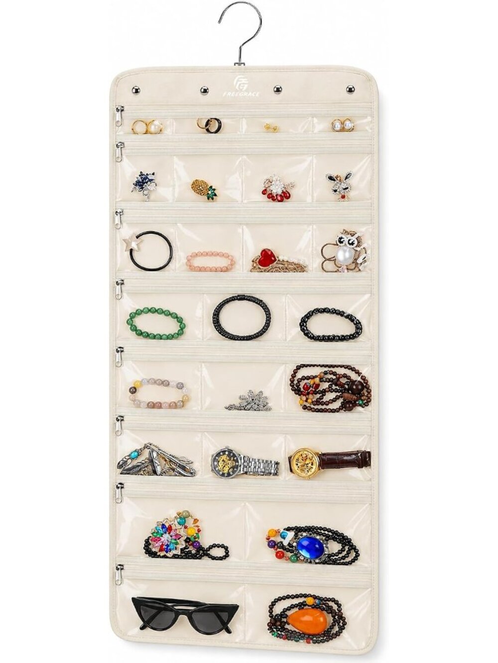 Hanging Jewelry Organizer, 50 Zippered Pockets, 360° Metal Hanger